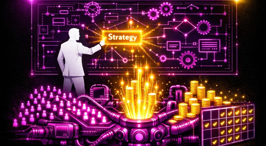 A person points to a glowing "Strategy" button on a digital board with gears and nodes, aiming to resolve an inconsistent lead pipeline, while coins, checklists, and data visualizations are displayed in bright neon colors.