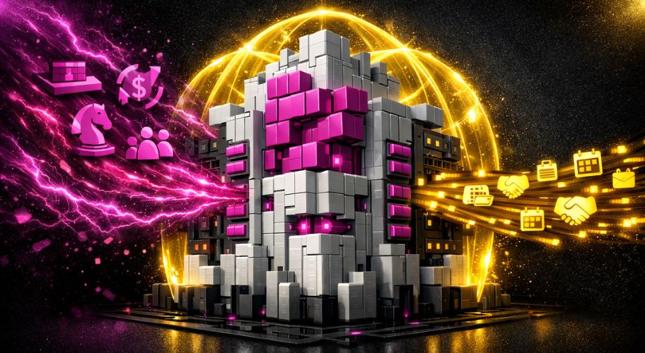 A futuristic, block-like building is surrounded by digital icons of chess, money, people, and calendars with glowing gold and pink energy effects, hinting at an inconsistent lead pipeline within its dynamic environment.