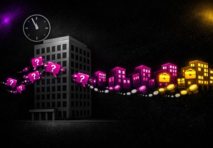 A digital illustration shows a dark cityscape with colorful icons of question marks, briefcases, and coins moving between buildings under a large clock, highlighting After-Hours Enquiry Handling amidst competitors.