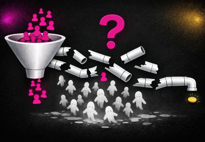 Illustration of people entering an inconsistent lead pipeline, moving through broken pipes, turning into faded figures, and exiting a pipe dripping a single coin, with a large question mark in the center.