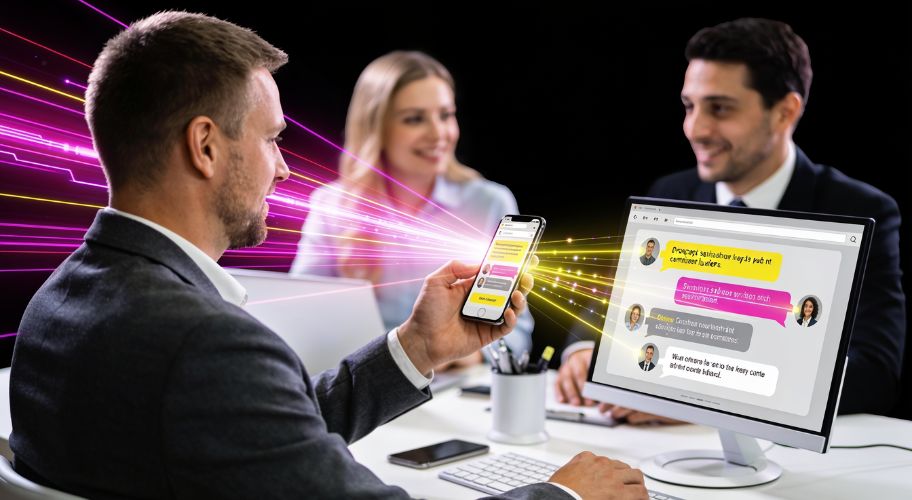 A man holds a smartphone showing a chat app, while two colleagues sit at a table with a laptop and chat messages on a monitor, digital lines highlighting connectivity, perfect for showcasing ai lead generation nz solutions.