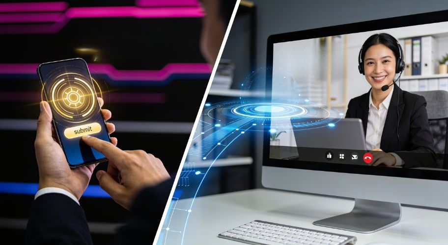 A person uses a smartphone with a digital submit button, while a smiling woman in a headset, an ai for real estate agents assistant, is seen on a computer screen during a video call. Digital graphics overlay both scenes.