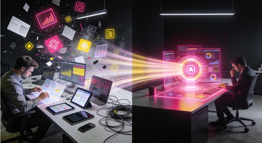 Two men sit at desks with digital screens; the left side shows cluttered data and devices, while the right features organized, futuristic graphics powered by AI for real estate agents and a centralized digital interface.