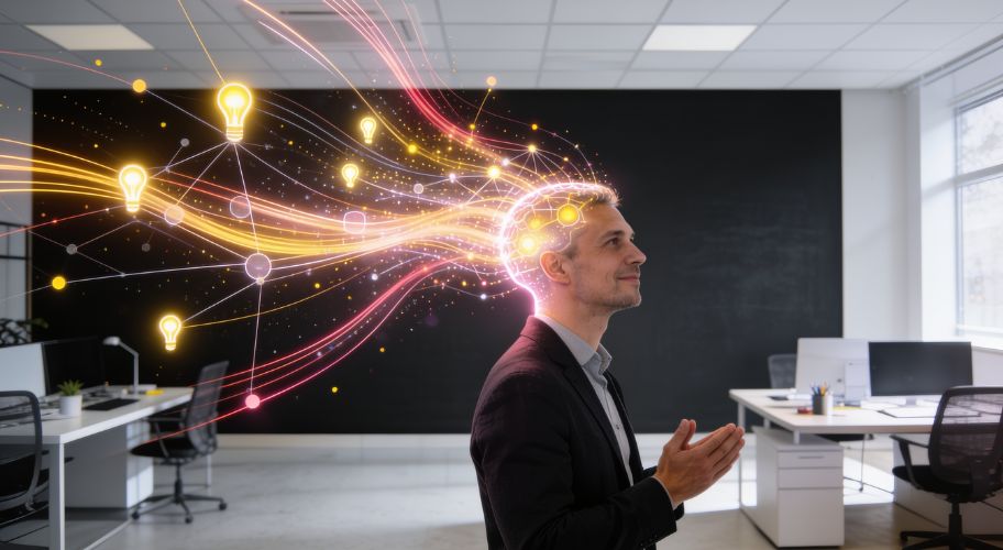 A man in an office stands with a thoughtful expression as illustrated lightbulbs and colorful lines flow from his head, symbolizing creativity or ideas, an inspiring reminder to remove yourself from your business and let innovation flourish.