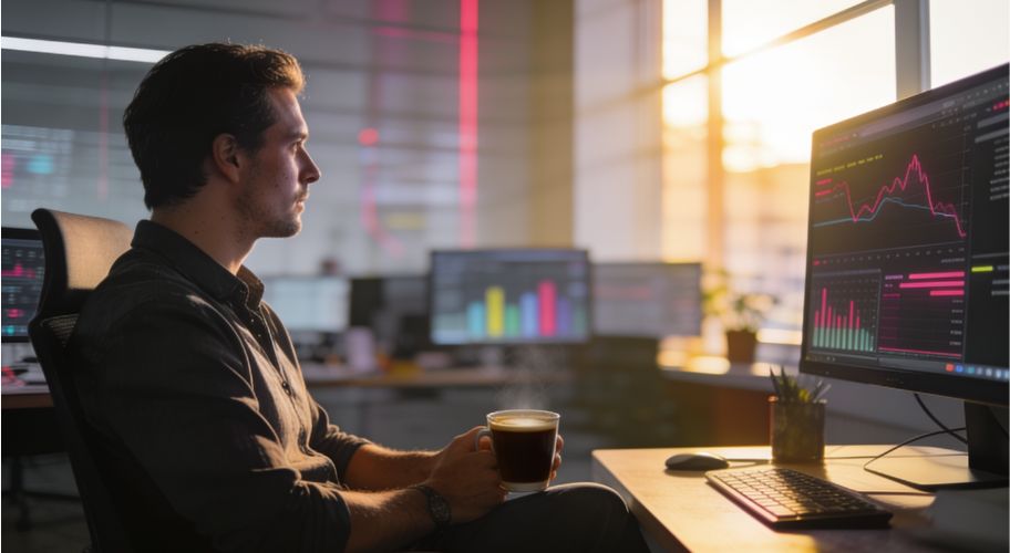 A man sits at a desk holding a coffee cup, looking at monitors displaying financial charts in an office filled with sunlight, seeking new ways to remove yourself from your business and achieve greater freedom.