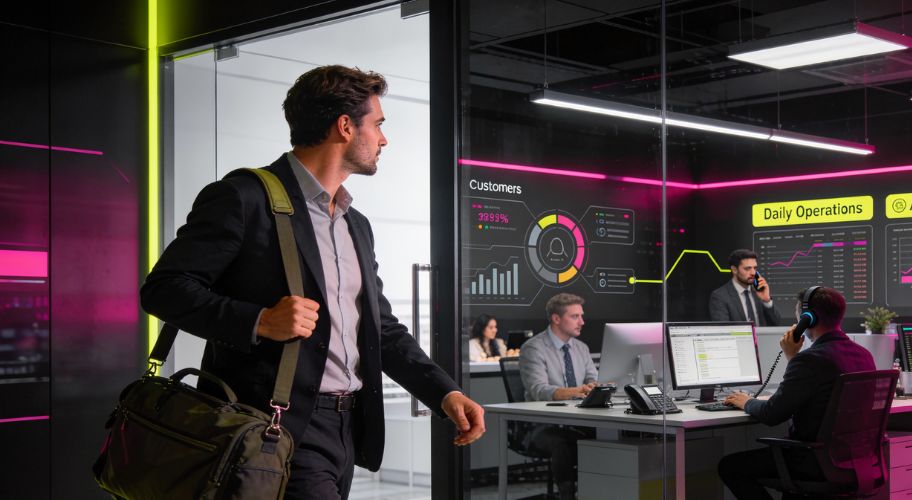 Man with a shoulder bag enters a modern office with glass walls, where several people work at desks with computers and digital dashboards, showing how you can remove yourself from your business while your team handles operations seamlessly.
