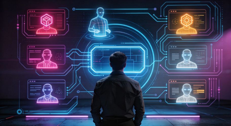 A person stands in front of a large digital screen displaying neon avatars and interconnected virtual profiles, suggesting claude code subagents powering a network or online collaboration.