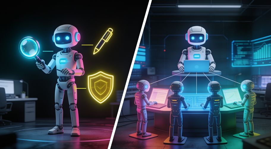 Split image: On the left, a robot with a magnifying glass examines security icons; on the right, claude code subagents work at computers around a table in a tech-focused office.