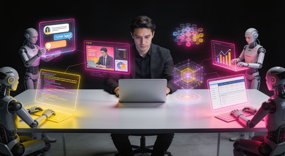 A man works on a laptop at a desk surrounded by four humanoid robots, each acting as claude code subagents and interacting with holographic data displays showing charts, code, and digital interfaces.