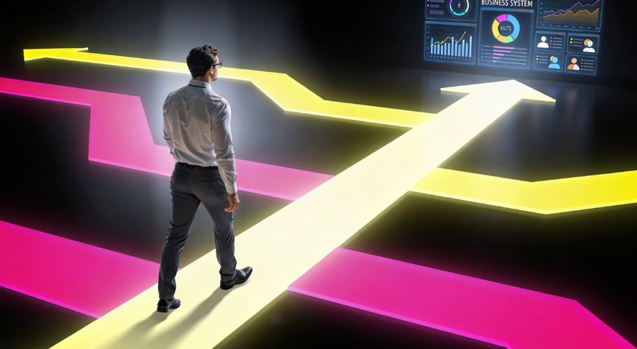 A man stands at a crossroads with colorful paths leading to a digital dashboard, where business data charts and graphs are analyzed by Claude code subagents.