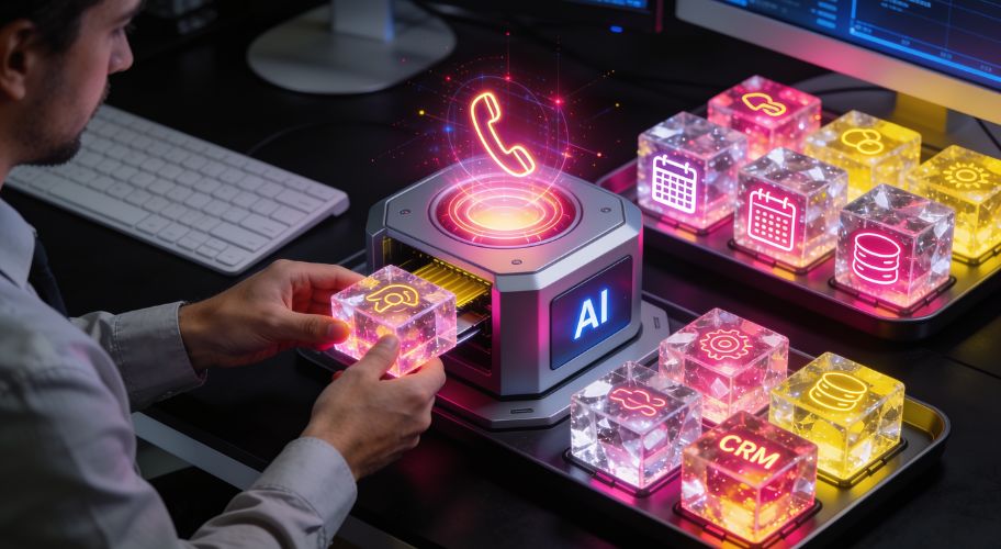 A person interacts with illuminated transparent cubes displaying business icons, placing one labeled "claude code plugins" into a central AI device on a desk with a keyboard and monitor in the background.