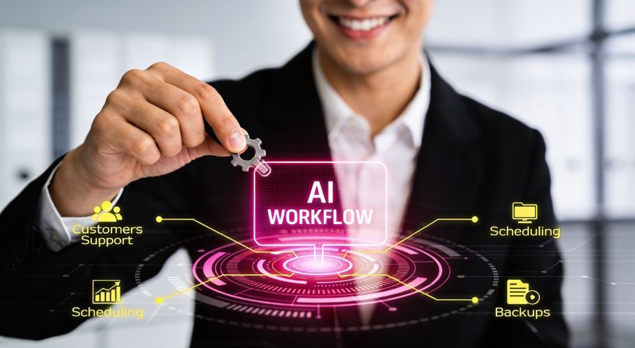 A person in a suit holds a gear over a glowing AI Workflow interface with labels: Customer Support, Scheduling, Backups, and claude code plugins.