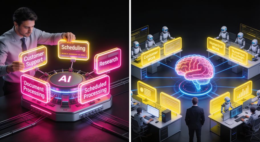 A man operates an AI hub managing tasks like scheduling and research using claude code plugins; nearby, robots assist people with various automated office tasks around a digital brain display.