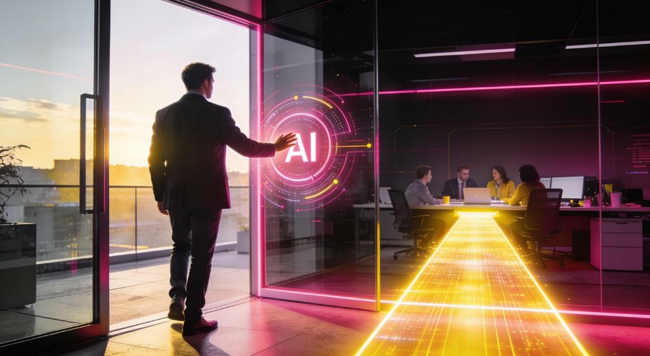 A person touches a glowing AI interface on a glass door, illuminated by claude code plugins, with a neon-lit pathway leading to an office where four people are having a meeting at sunset.