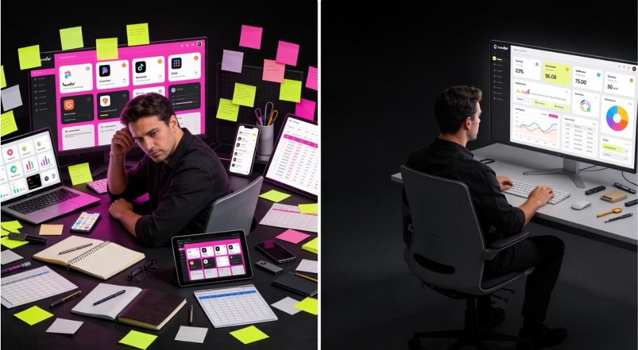 Split image: On the left, a man sits at a cluttered desk with many screens and papers. On the right, after ai adoption for SME, he works efficiently at a clean desk with just a single large monitor.