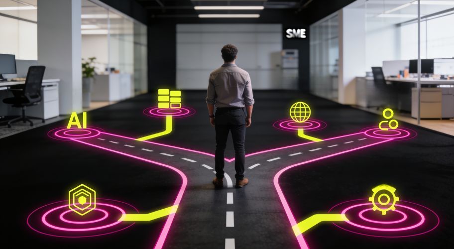 A person stands at a digital crossroads in an office, facing illuminated paths labeled with icons for AI adoption for SME, data, internet, security, automation, and networking.