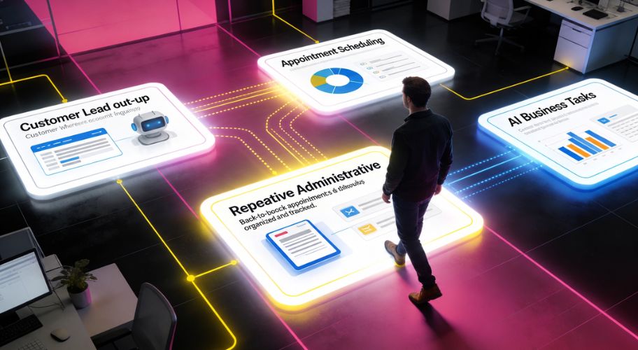 A person stands on a dark floor featuring illuminated sections labeled Customer Lead Out-up, Appointment Scheduling, Repetitive Administrative, and AI Business Tasks, showcasing workflow automation to reduce staff costs small business owners.