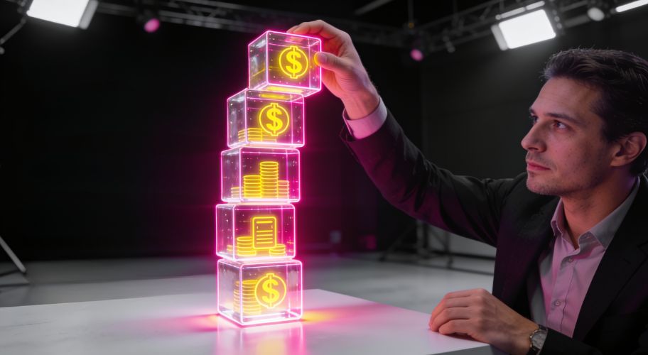 A man in a suit stacks four glowing transparent cubes with digital currency symbols and coin icons, illustrating how to reduce staff costs small business owners in a modern, dark studio setting.