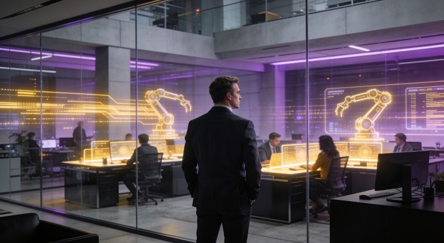 A man in a suit observes a modern office where people with claude code skills work at computers, surrounded by digital projections of robotic arms on glass walls.