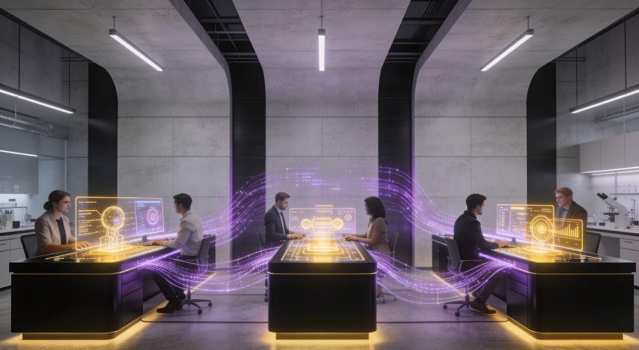 People with strong claude code skills work at high-tech desks with holographic screens and glowing digital connections in a modern, futuristic office setting.