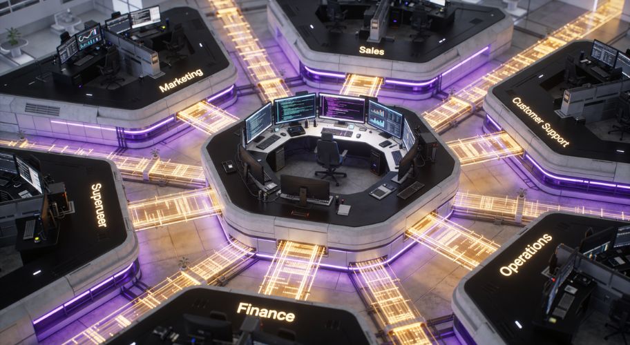 A central control station with multiple monitors connects to six surrounding workstations, each fostering claude code skills in Marketing, Sales, Customer Support, Operations, Finance, and Supervisor, via illuminated pathways.