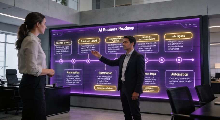 Two professionals discuss in an office, standing before a large screen displaying an "AI Business Roadmap" with steps and recommendations for enhancing Claude code skills highlighted.