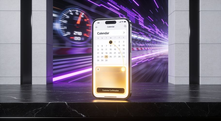 A smartphone displaying an AI appointment booking calendar app stands on a marble surface, with a blurred speedometer and light trails in the background.