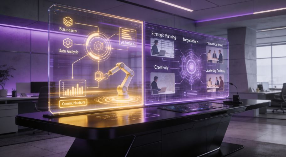 Futuristic office with transparent digital screens displaying charts, AI analysis, ai appointment booking interfaces, a robotic arm diagram, and business meeting visuals in a modern workspace.