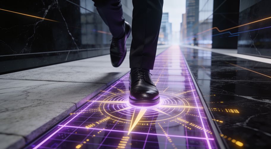 A person in formal shoes walks on a futuristic glowing digital path between tall buildings, symbolizing the seamless journey of ai appointment booking in a modern city.