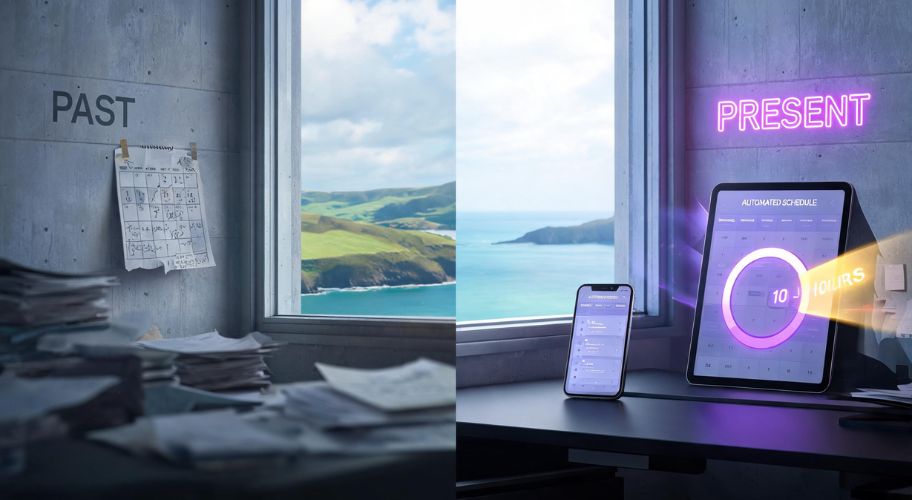 A split image shows a cluttered desk with papers labeled "PAST" and a tidy desk with digital devices labeled "PRESENT," both in front of an ocean view, highlighting the transformative power of business automation NZ for modern workplaces.