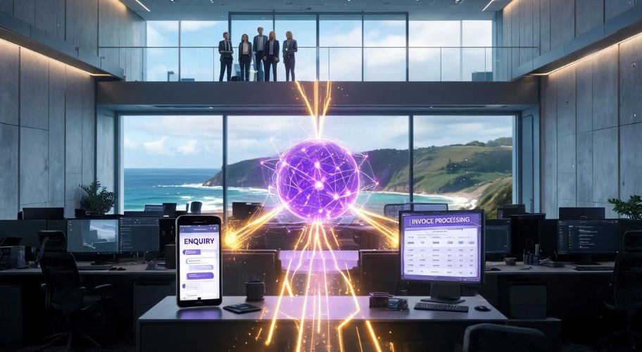A modern office with digital screens, a glowing purple sphere in the center, and five people standing on an upper level with a view of the ocean and hills outside, an inspiring space that reflects cutting-edge business automation NZ solutions in action.