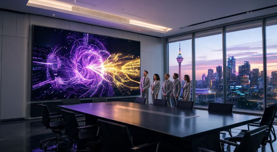 Four people in suits stand in a modern conference room, looking at a large digital display of abstract colorful lines, with a city skyline visible through the windows at sunset, capturing the innovative spirit of business automation NZ as they envision new strategies for growth.