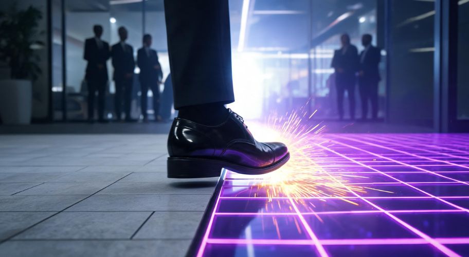 A person in dress shoes steps onto a glowing grid floor, causing sparks, while several people observe in the background of a modern office, an electrifying representation of how business automation NZ is transforming the workplace.