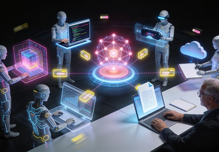 A group of humanoid robots and a man work with laptops around a digital network hub, surrounded by holographic data and cloud icons, illustrating advanced AI collaboration with claude code subagents.