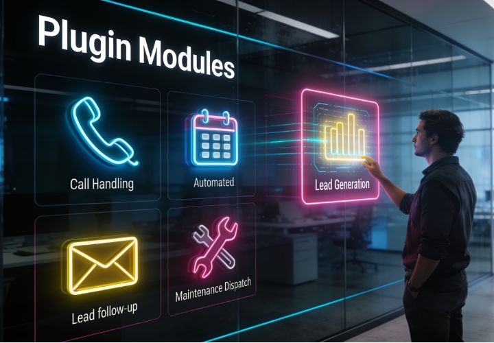 A man interacts with a large digital screen displaying various plugin module icons—such as claude code plugins—highlighting the "Lead Generation" option among others like Call Handling and Automated.