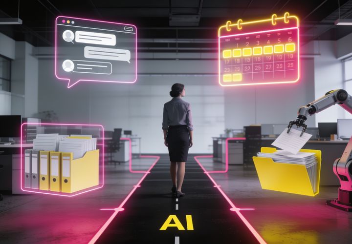 A person stands in an office surrounded by neon icons of chat messages, a calendar, folders, and a robotic arm filing documents—highlighting ai adoption for SME—with "AI" marked on the floor.