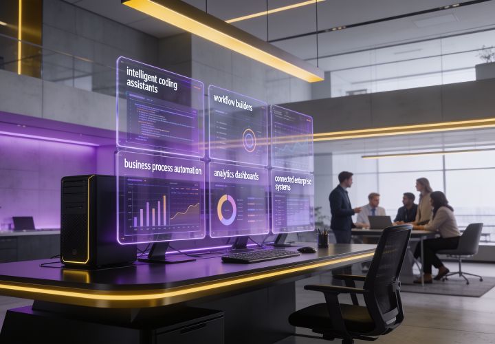 A modern office with holographic screens displaying terms like "intelligent coding assistants," "claude code skills," and "analytics dashboards;" four people are meeting in the background.