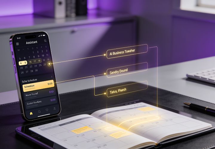 A smartphone with an ai appointment booking feature and digital calendar app is displayed next to an open paper planner on a desk, with virtual reminders highlighted in a modern office setting.