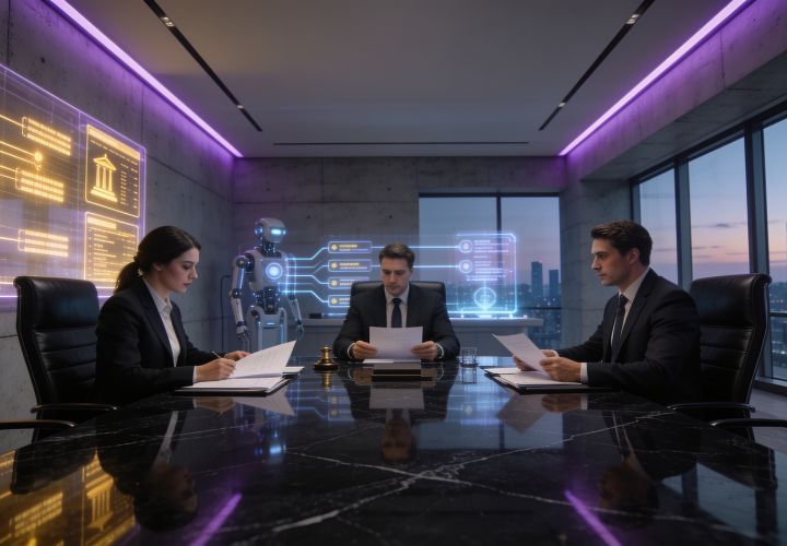 Three businesspeople in suits sit at a conference table reviewing documents, while digital screens display data and a humanoid robot showcases the latest AI for law firms in a modern office setting.