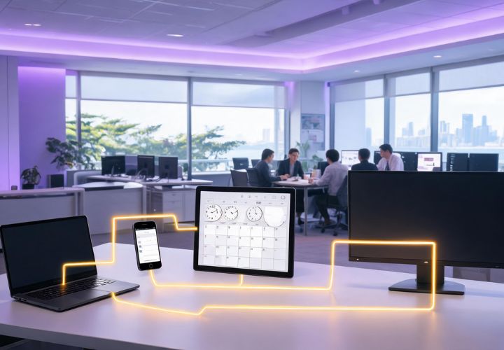 Modern office with multiple desks, computers, and people in a meeting, featuring connected laptop, tablet, smartphone, and monitor in the foreground highlighted by glowing lines—illustrating how business automation NZ solutions seamlessly integrate technology to enhance workplace productivity.