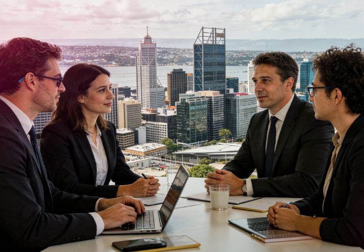 Four business professionals in suits discuss ai lead generation nz strategies at a table with laptops and notebooks, while a city skyline is visible through large windows in the background.