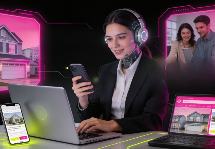 A woman wearing a headset works at a laptop, holding a phone, as digital screens display real estate listings powered by AI for real estate agents and a couple reviews documents.
