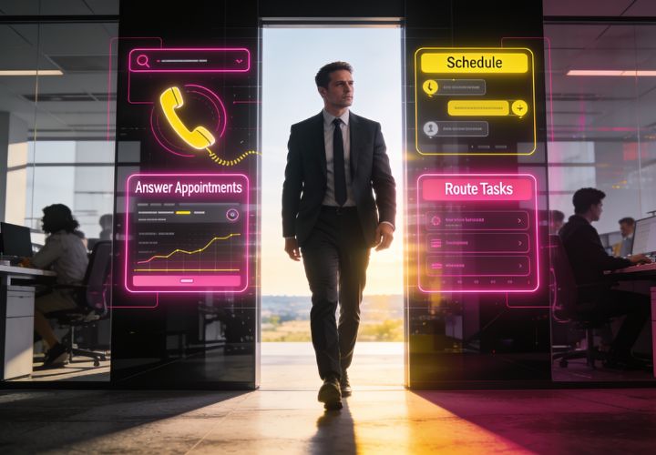 A man in a suit walks through an office doorway with digital screens displaying scheduling, appointments, and task management tools—helping you remove yourself from your business and streamline daily operations.