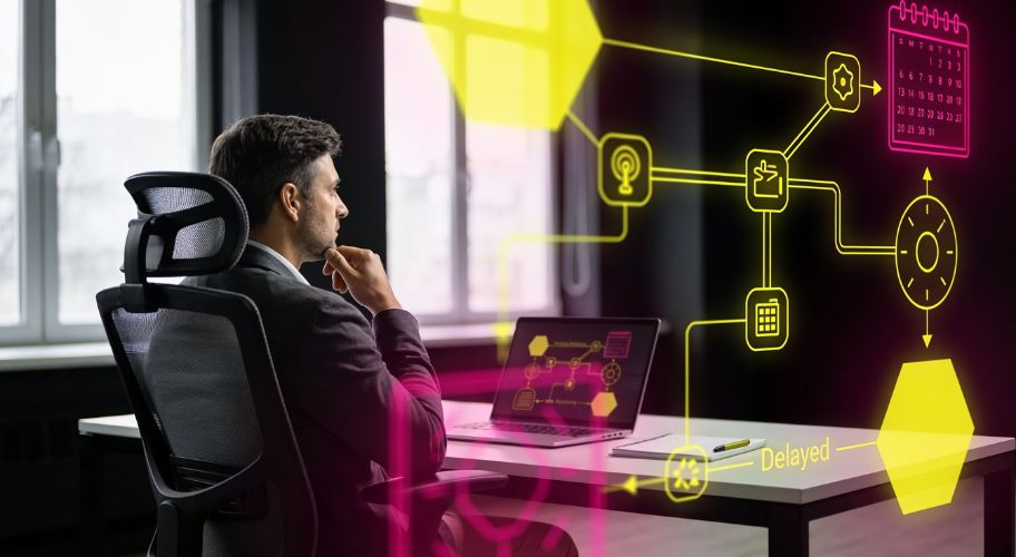 Man sitting at a desk with a laptop, looking at virtual workflow diagrams and a calendar, with the word "Delayed" highlighted, indicating it's time to hire admin assistant or automate key tasks.