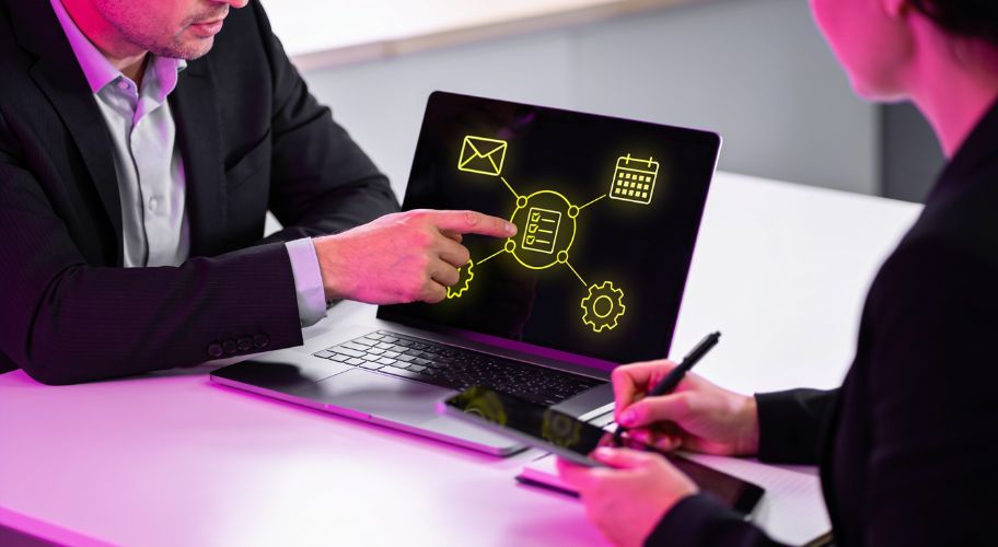 A business owner pointing to a workflow automation diagram on a laptop screen while discussing whether to hire admin assistant or automate repetitive tasks in their business.