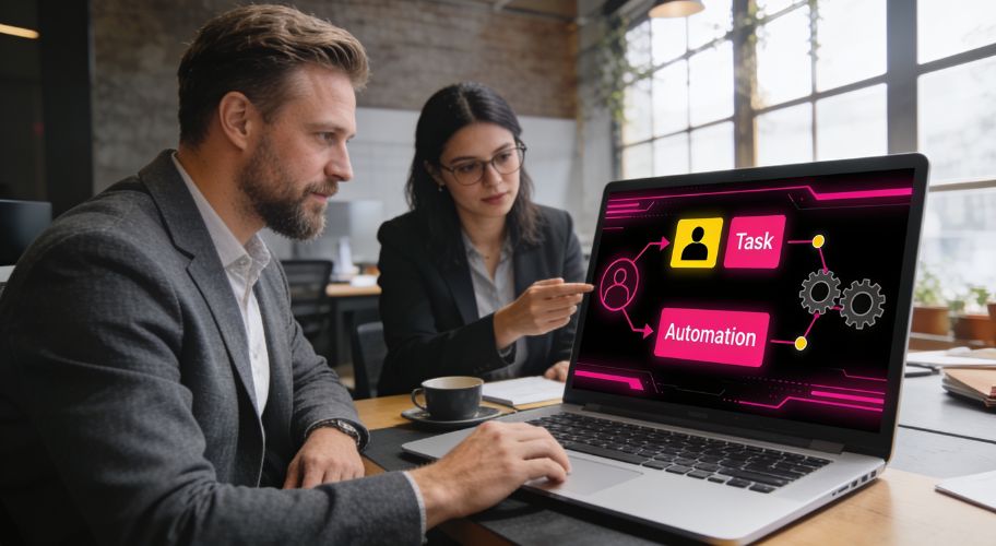 Two people sit at a desk, looking at a laptop screen displaying a digital interface with the words “Task Automation” and related icons, highlighting the choice between hire admin assistant or automate everyday tasks.