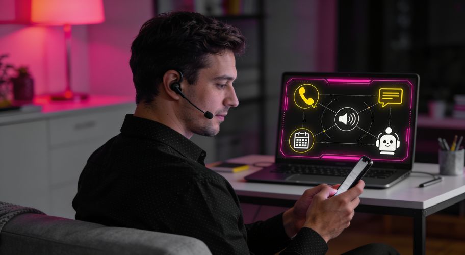 A man wearing a headset sits at a desk, looking at his phone. A laptop beside him displays icons for communication, audio, calendar, phone, and chatbot, reflecting an efficient after-hours call answering setup, in a room with pink lighting.