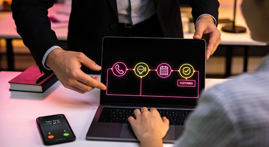 Two people discuss a laptop screen showing icons for phone, chat, calendar, checkmark, and customer, suggesting a customer service or workflow process that may include features like after-hours call answering.