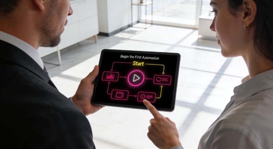 Two people look at a tablet displaying a screen with a "Begin the First Automation Start" prompt, icons, and a play button in a bright office environment, perfect for exploring solutions like after-hours call answering.