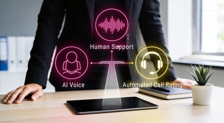 Person standing behind a desk with a tablet; graphic shows "AI Voice," "Human Support," and "Automated Call Rating" connected, representing hybrid customer service solutions and modern receptionist alternatives.